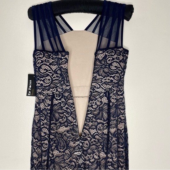 En Focus Dress Lace Overlay Rhinestone Long Gown Prom Formal New Navy Blue 4 - Picture 6 of 13
